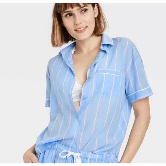 Women's Striped Simply Cool Short Sleeve Button Up Shirt Stars Above Blue Small - Picture 2 of 2